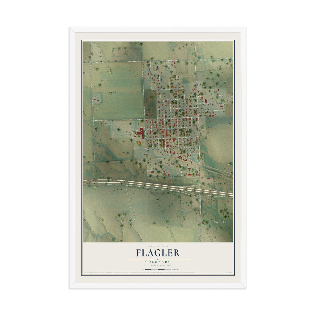 Map of Flagler, Colorado, 12 x 18 inch print in a white wood frame