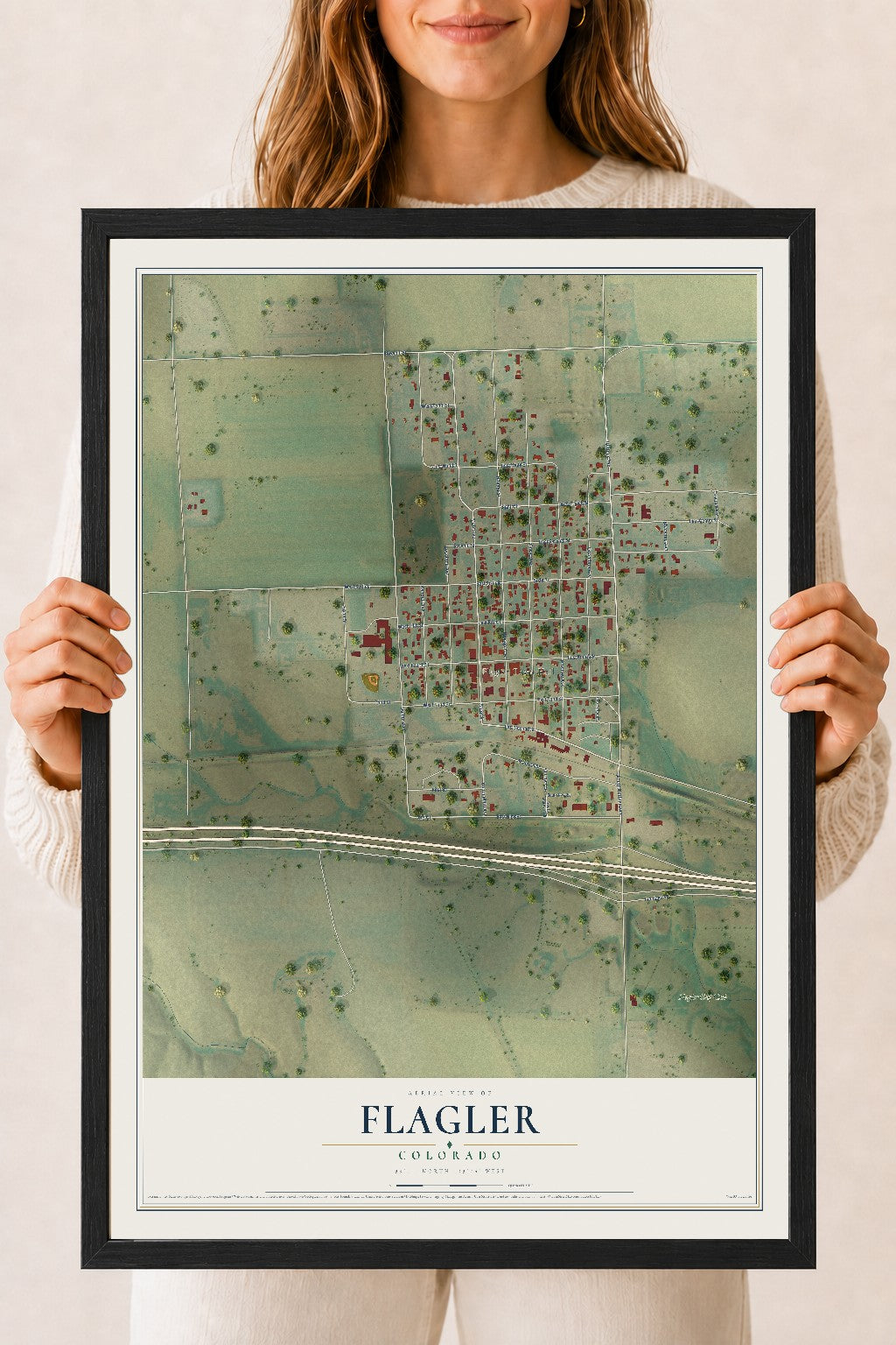 Map of Flagler, Colorado, 18 x 24 inch print in a black wood frame