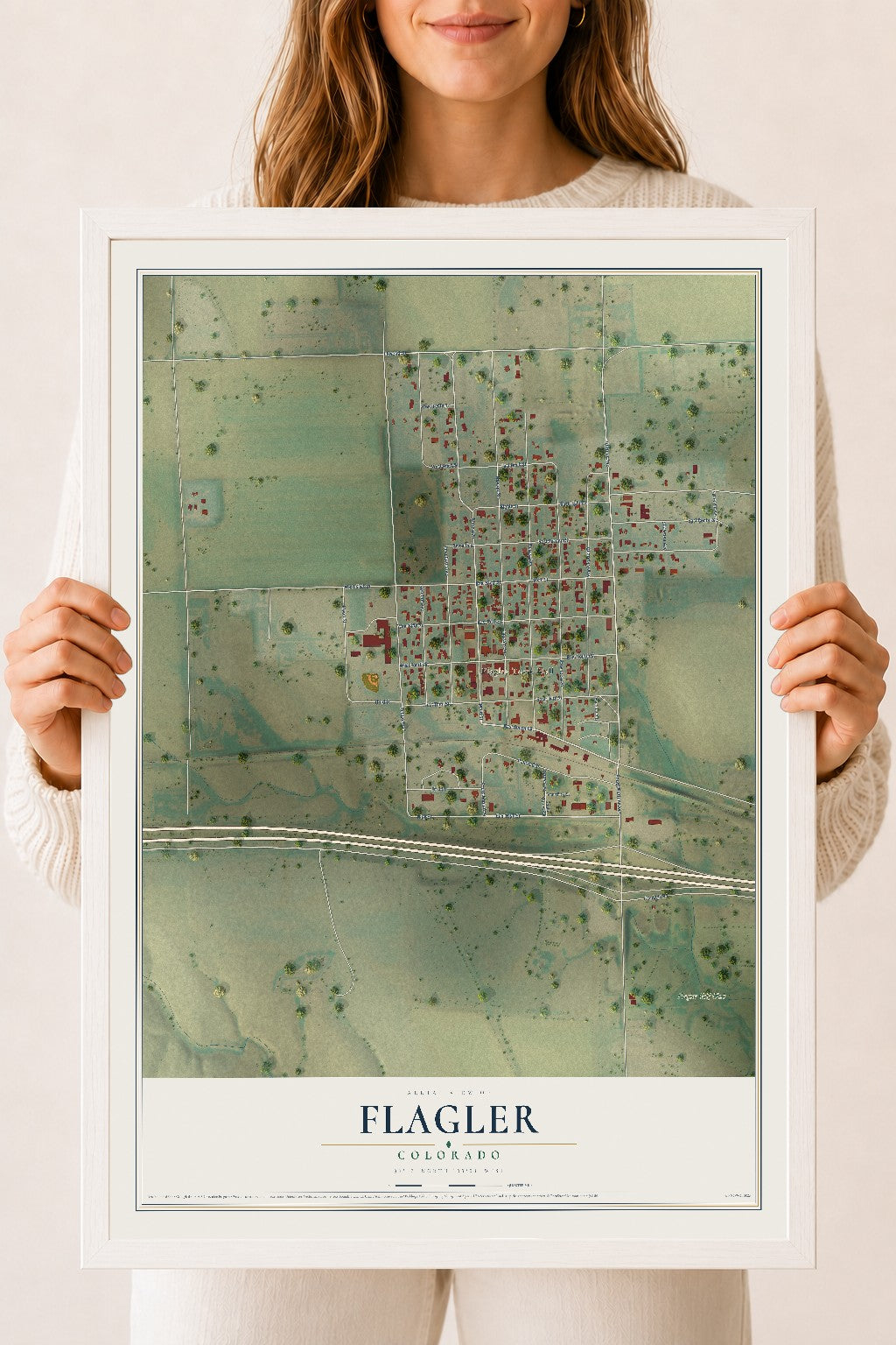 Map of Flagler, Colorado, 18 x 24 inch print in a white wood frame