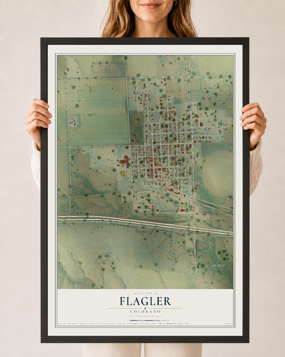 Map of Flagler, Colorado, 24 x 36 inch print in a black wood frame
