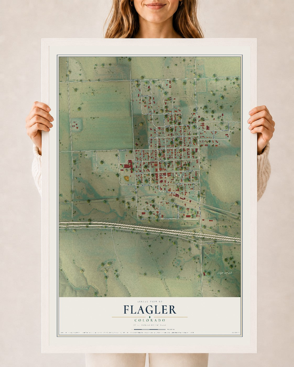 Map of Flagler, Colorado, 24 x 36 inch print in a white wood frame