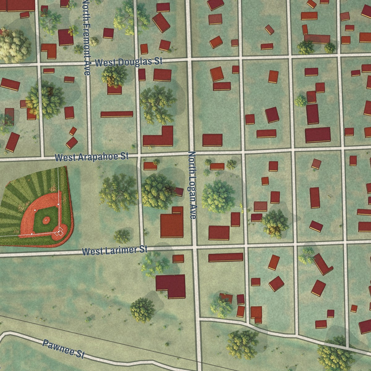 Close-up of the map of Fleming, Colorado print showing street and building detail