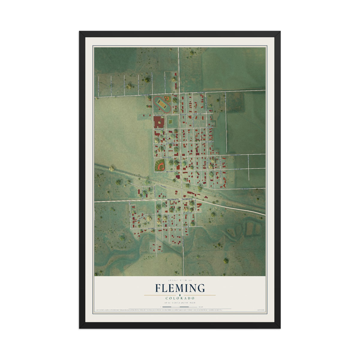 Map of Fleming, Colorado, 12 x 18 inch print in a black wood frame
