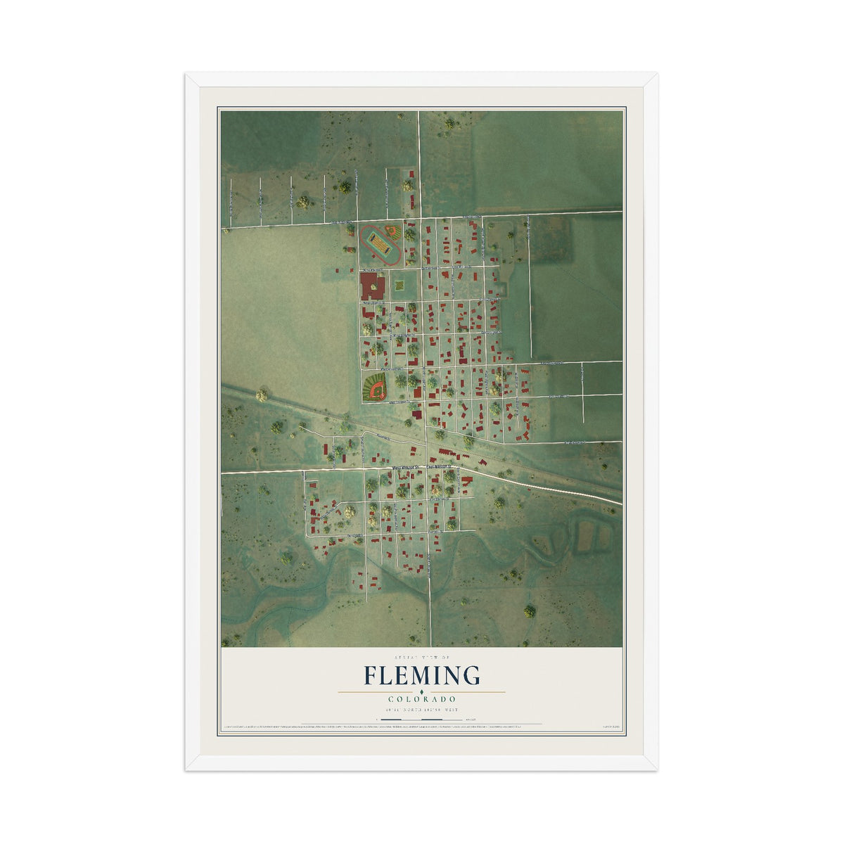 Map of Fleming, Colorado, 12 x 18 inch print in a white wood frame