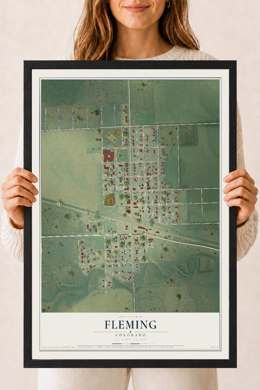 Map of Fleming, Colorado, 18 x 24 inch print in a black wood frame