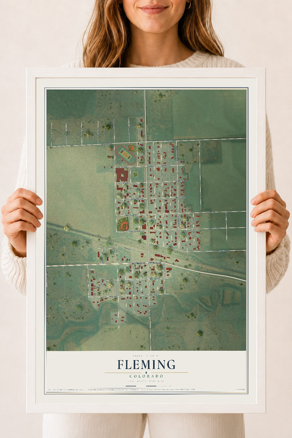 Map of Fleming, Colorado, 18 x 24 inch print in a white wood frame