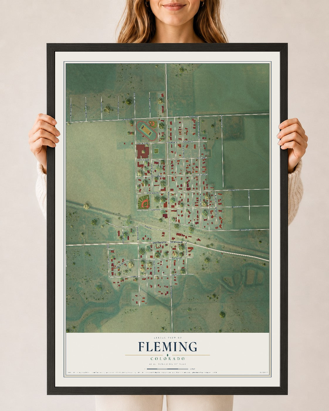 Map of Fleming, Colorado, 24 x 36 inch print in a black wood frame