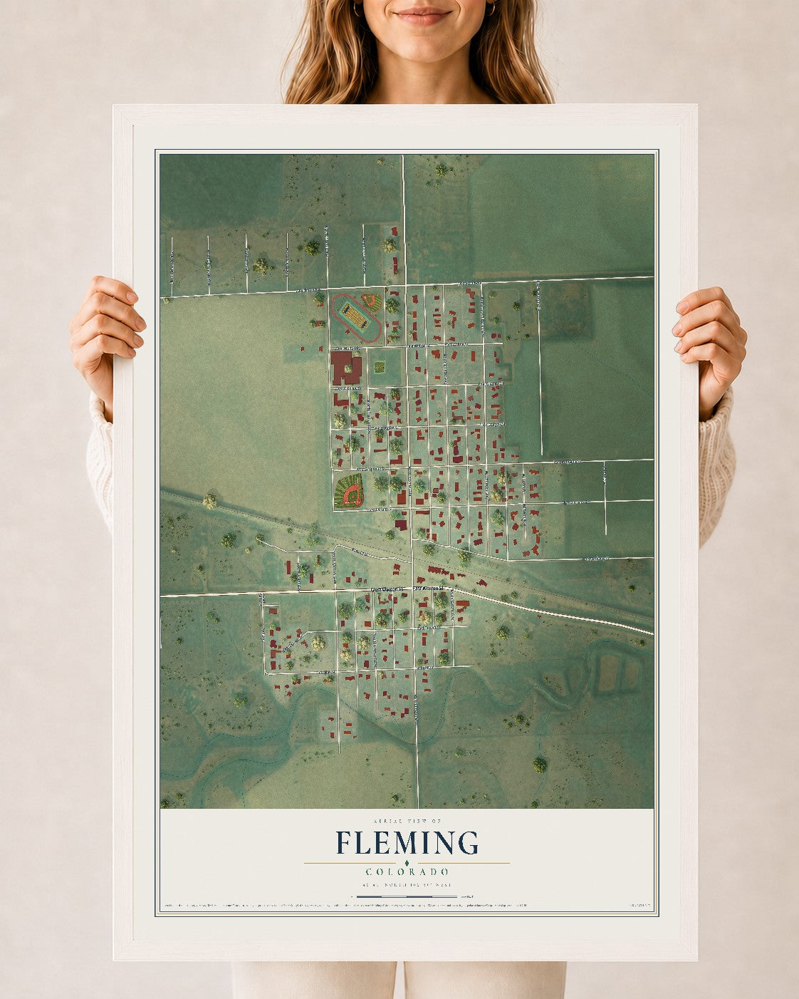 Map of Fleming, Colorado, 24 x 36 inch print in a white wood frame