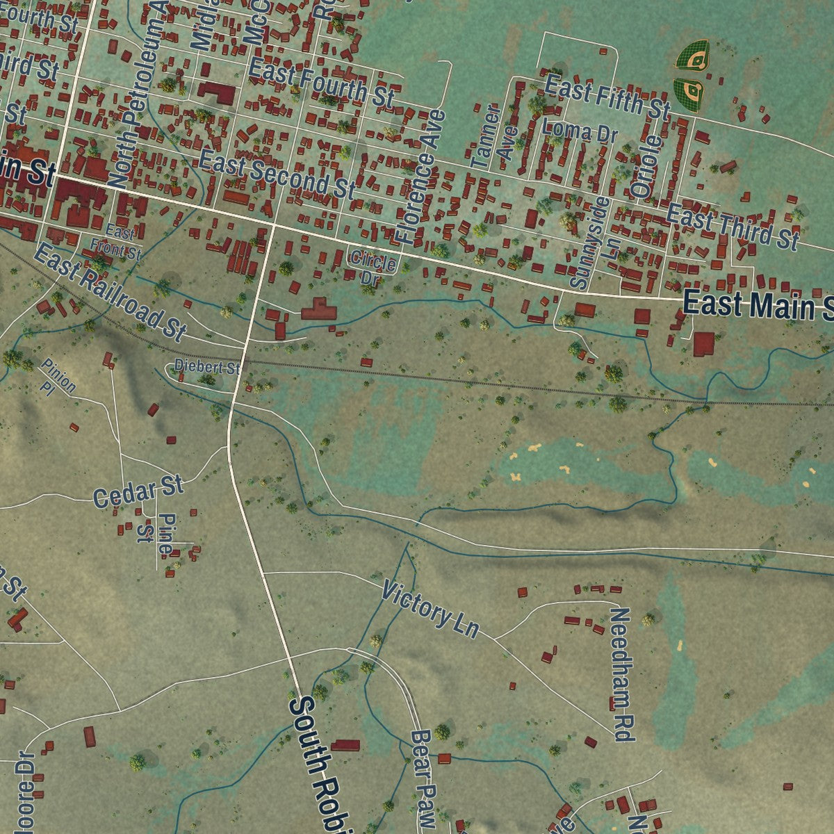 Close-up of the map of Florence, Colorado print showing street and building detail