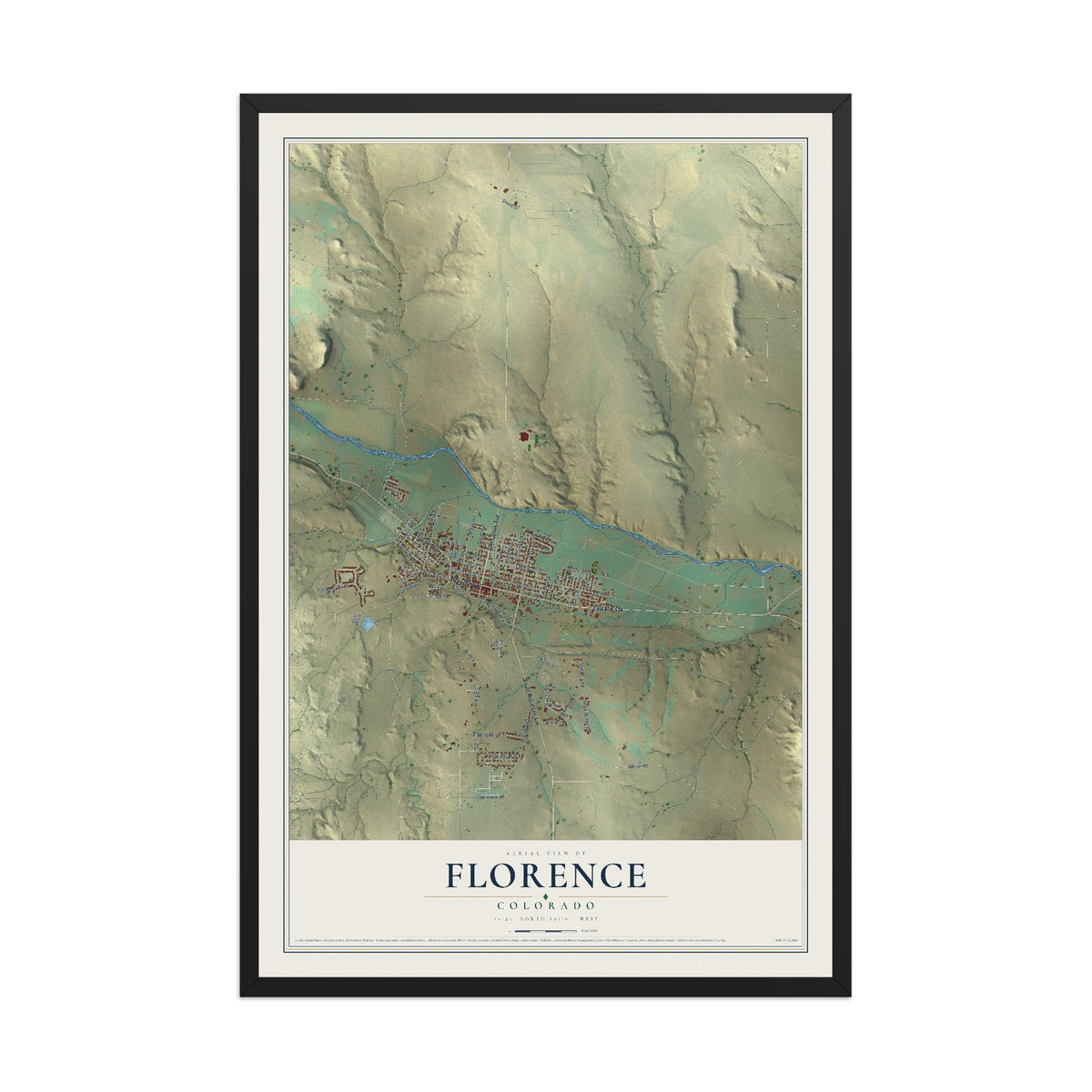 Map of Florence, Colorado, 12 x 18 inch print in a black wood frame