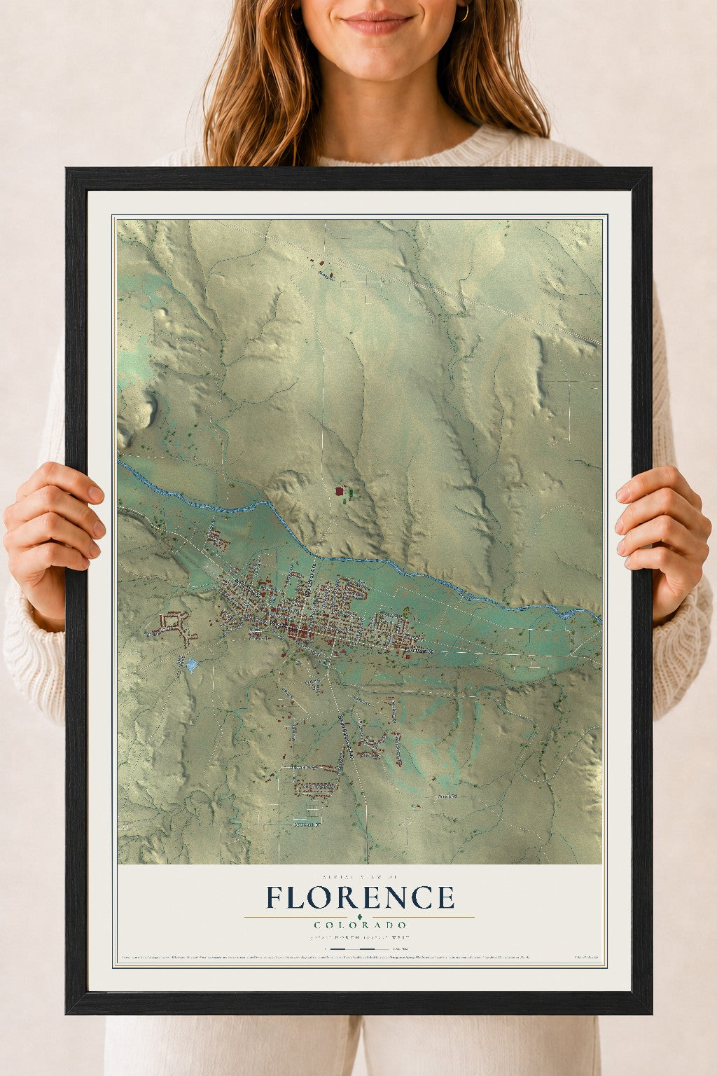 Map of Florence, Colorado, 18 x 24 inch print in a black wood frame