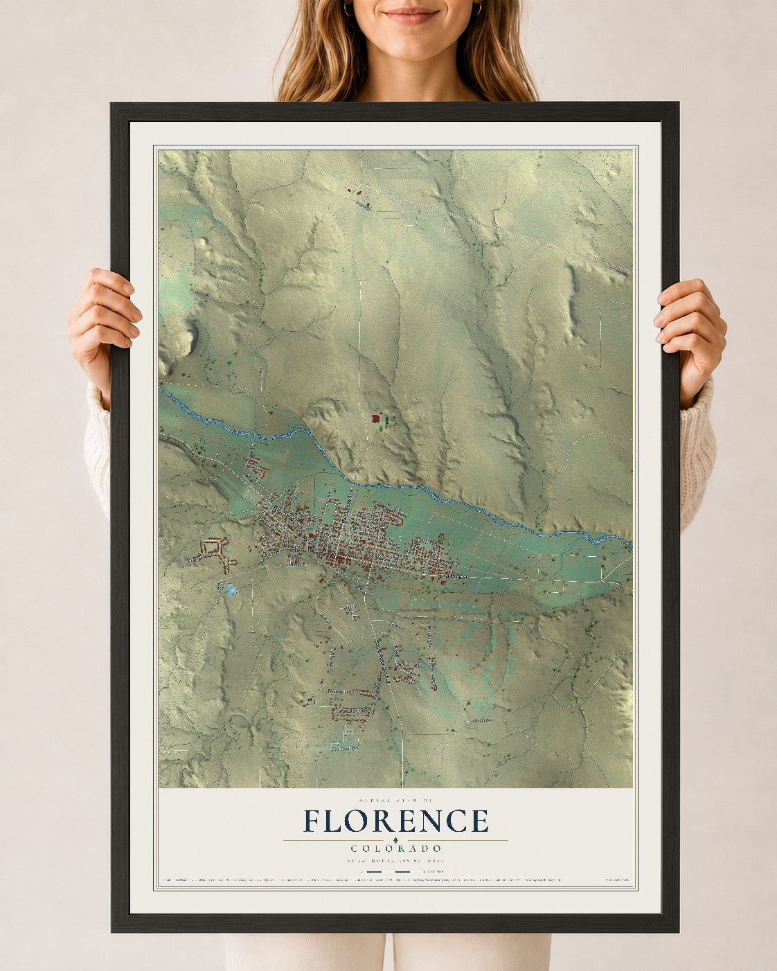 Map of Florence, Colorado, 24 x 36 inch print in a black wood frame