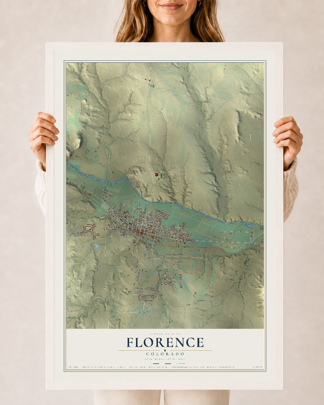 Map of Florence, Colorado, 24 x 36 inch print in a white wood frame