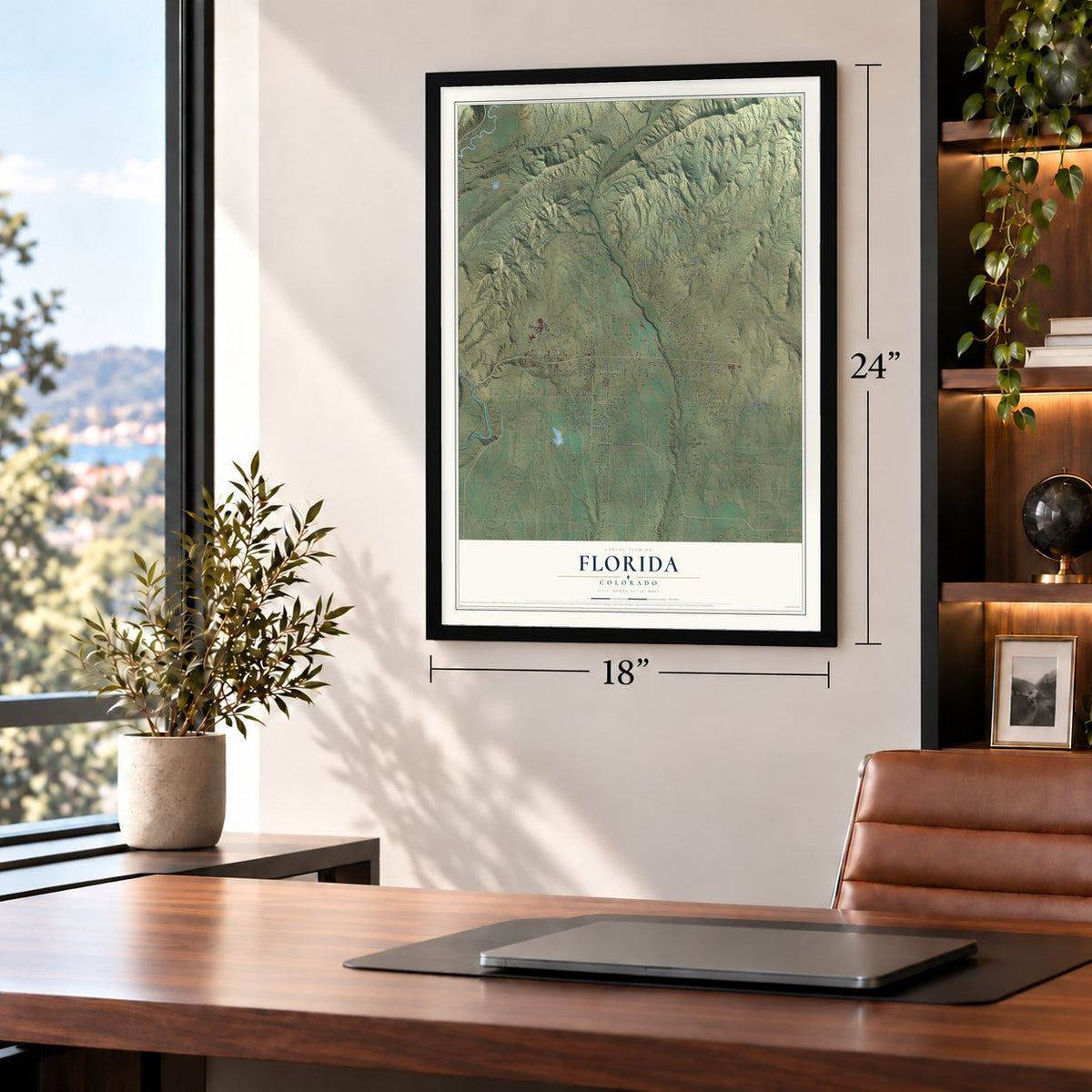 Florida, Colorado map, 18 x 24 inch print in a black frame in a home office