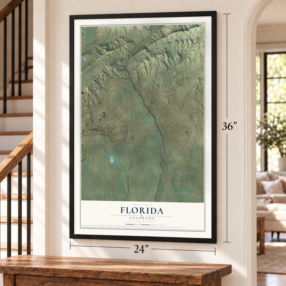 Florida, Colorado map, 24 x 36 inch print in a black frame by a staircase