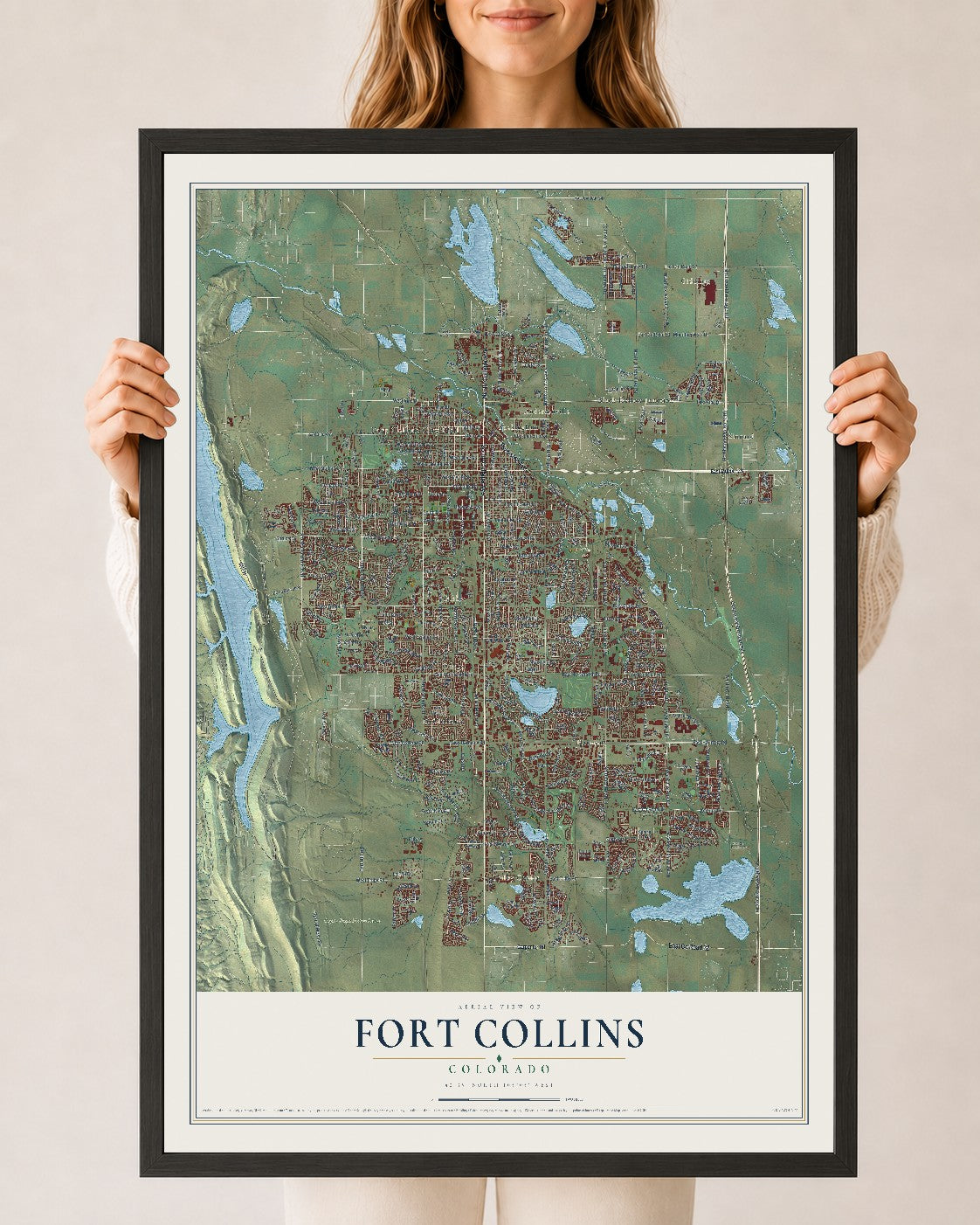 Map of Fort Collins, Colorado, 24 x 36 inch print in a black wood frame