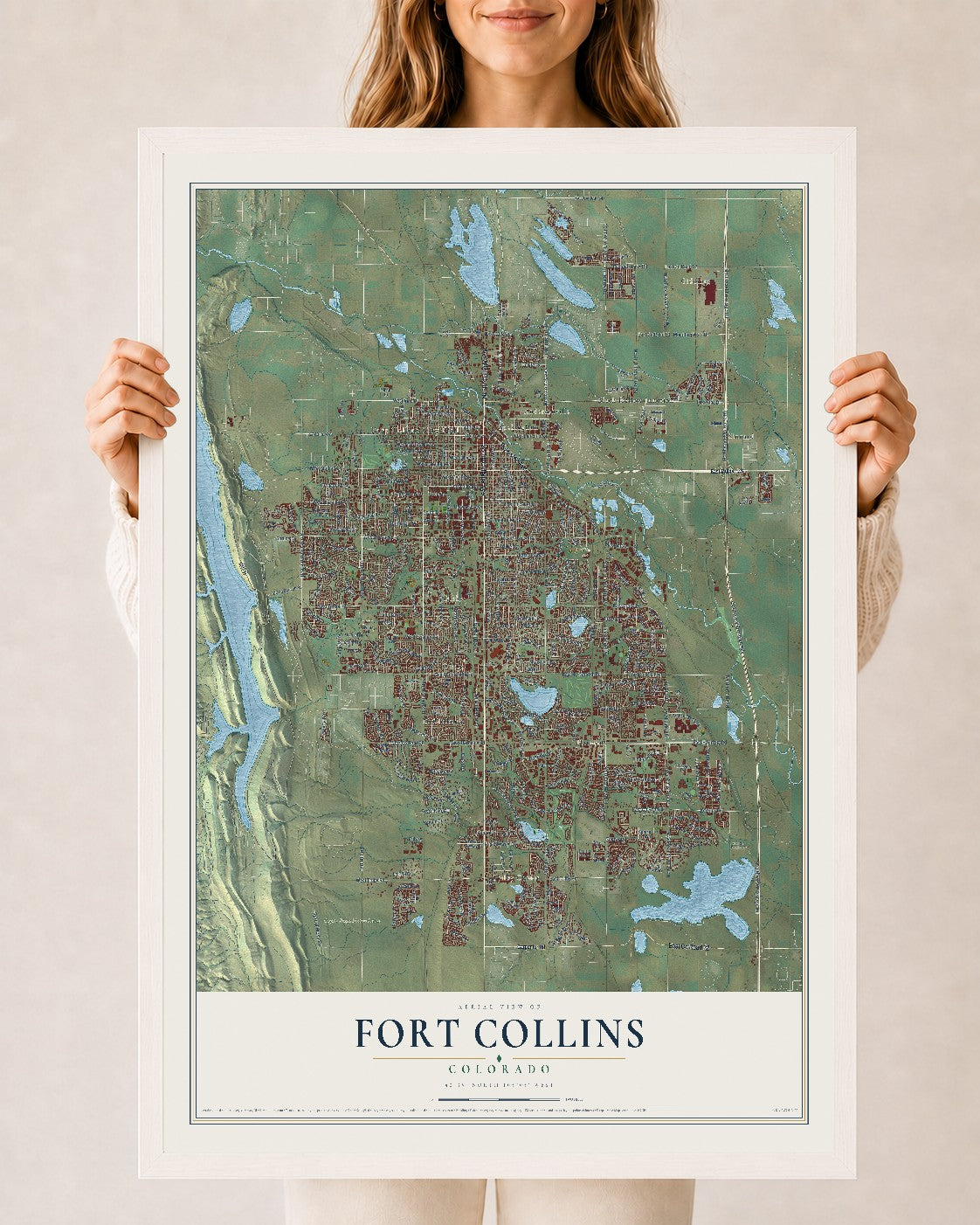 Map of Fort Collins, Colorado, 24 x 36 inch print in a white wood frame