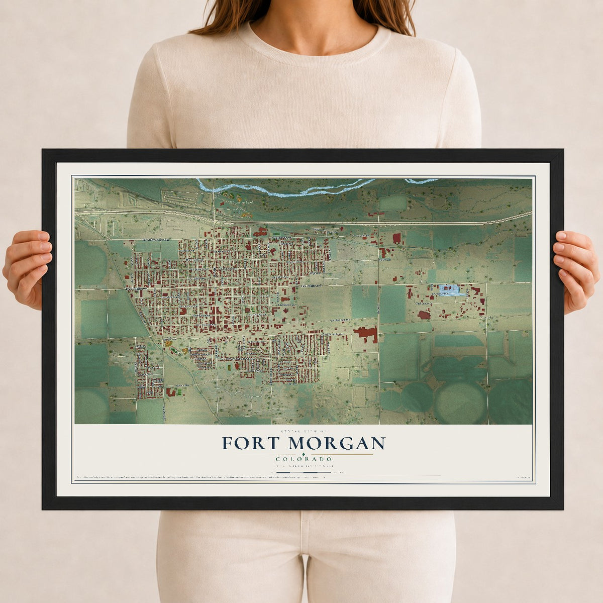 Map of Fort Morgan, Colorado, 12 x 18 inch print in a black wood frame