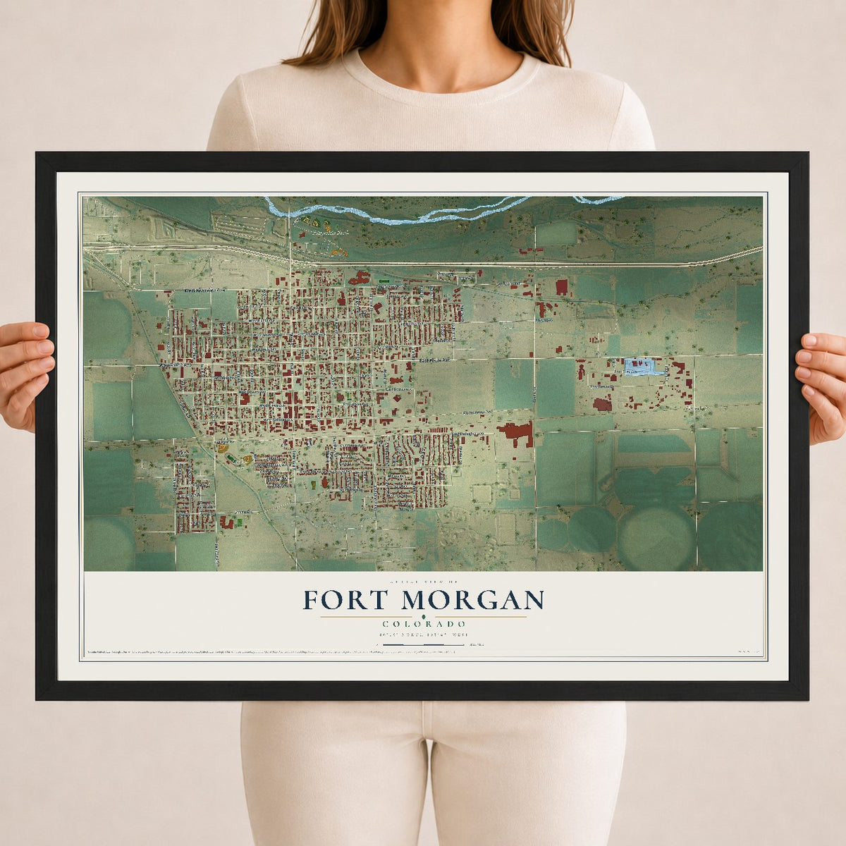 Map of Fort Morgan, Colorado, 18 x 24 inch print in a black wood frame