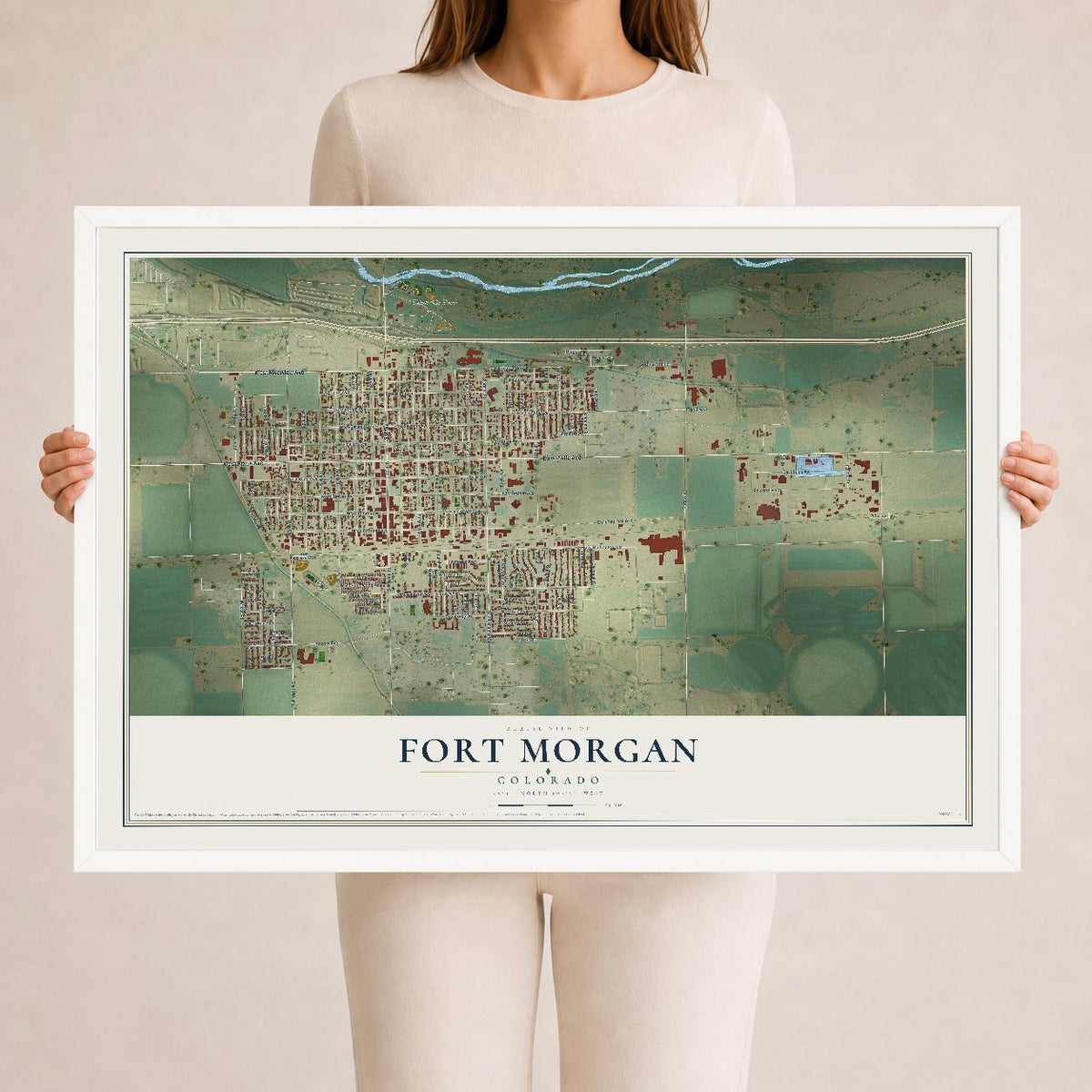 Map of Fort Morgan, Colorado, 24 x 36 inch print in a white wood frame