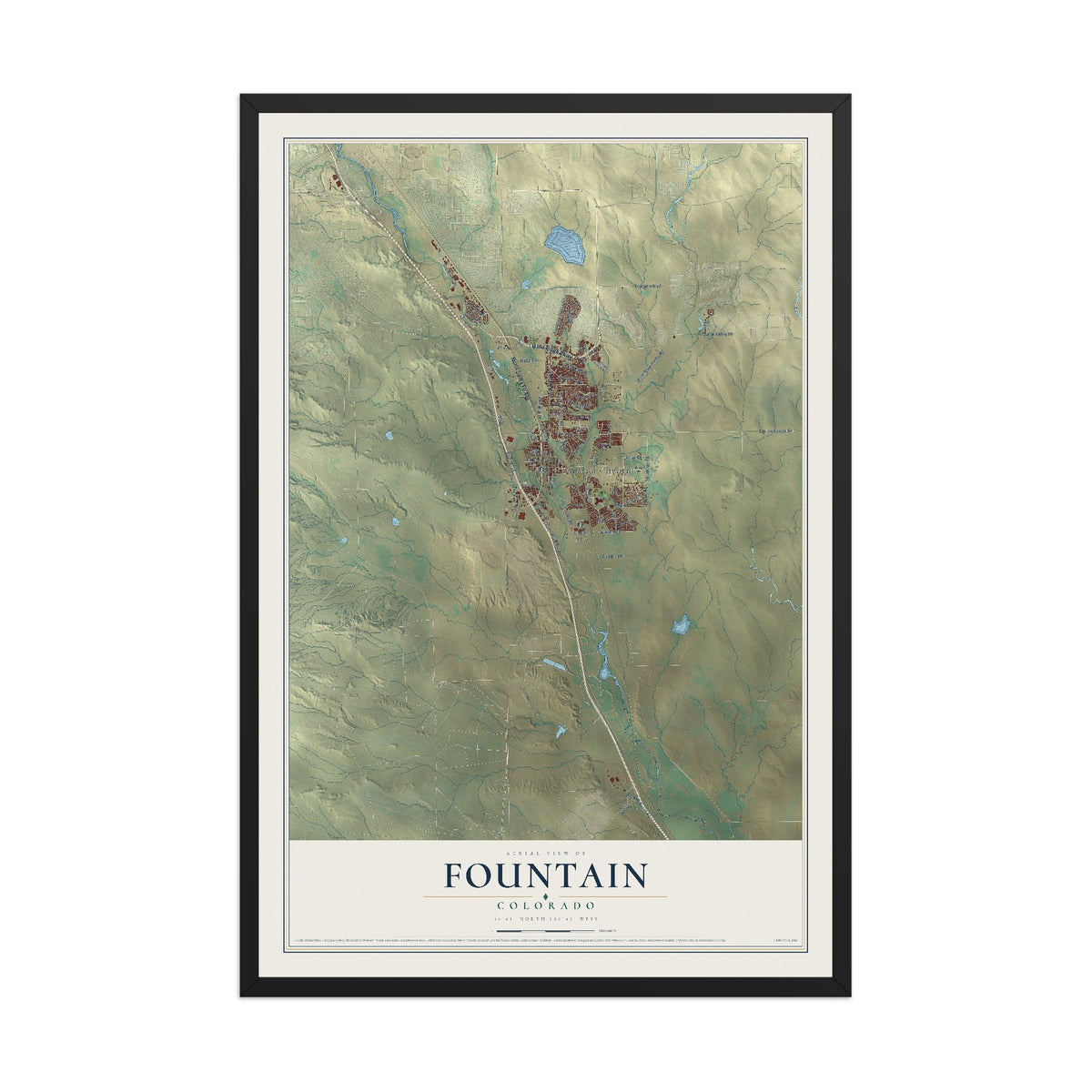 Map of Fountain, Colorado, 12 x 18 inch print in a black wood frame