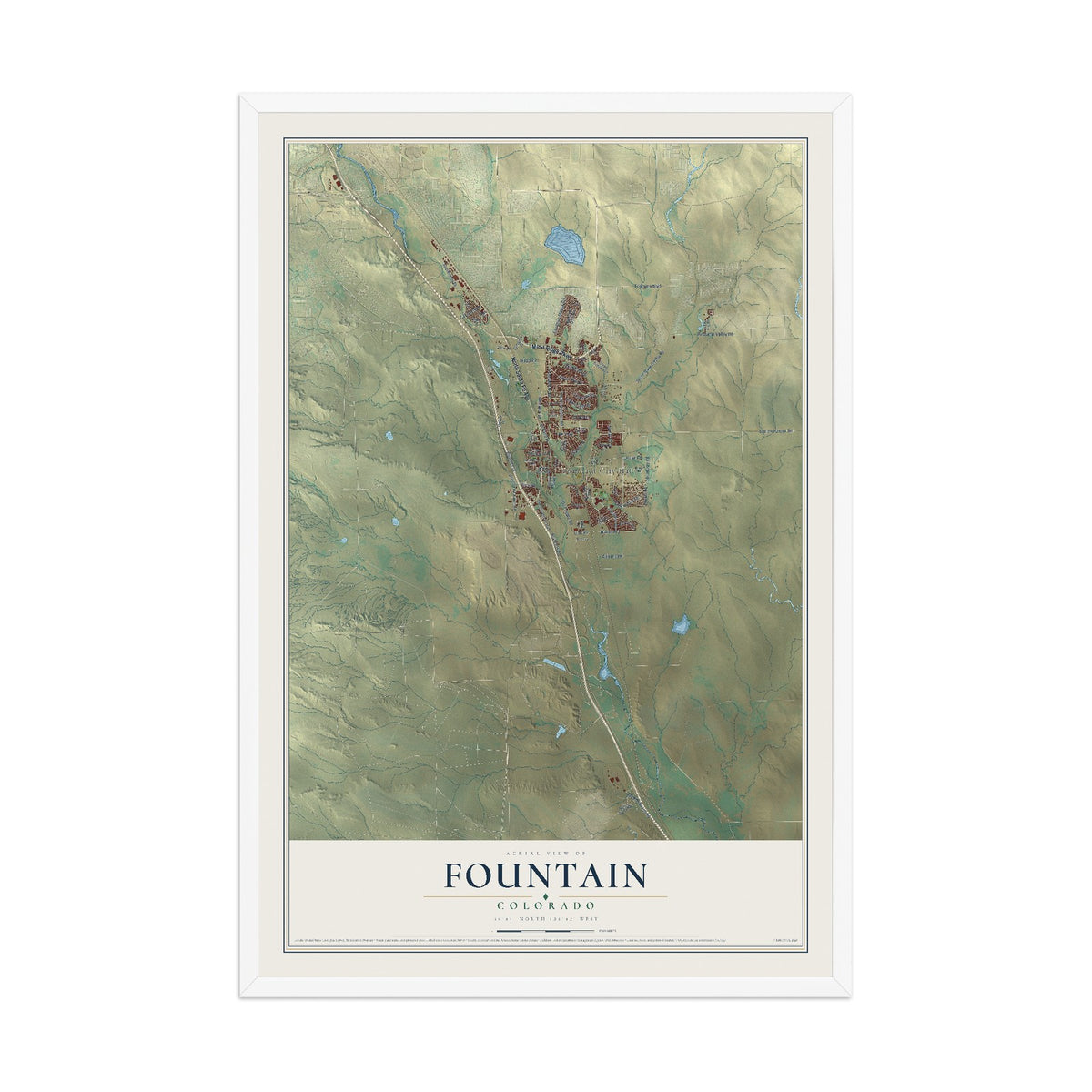 Map of Fountain, Colorado, 12 x 18 inch print in a white wood frame