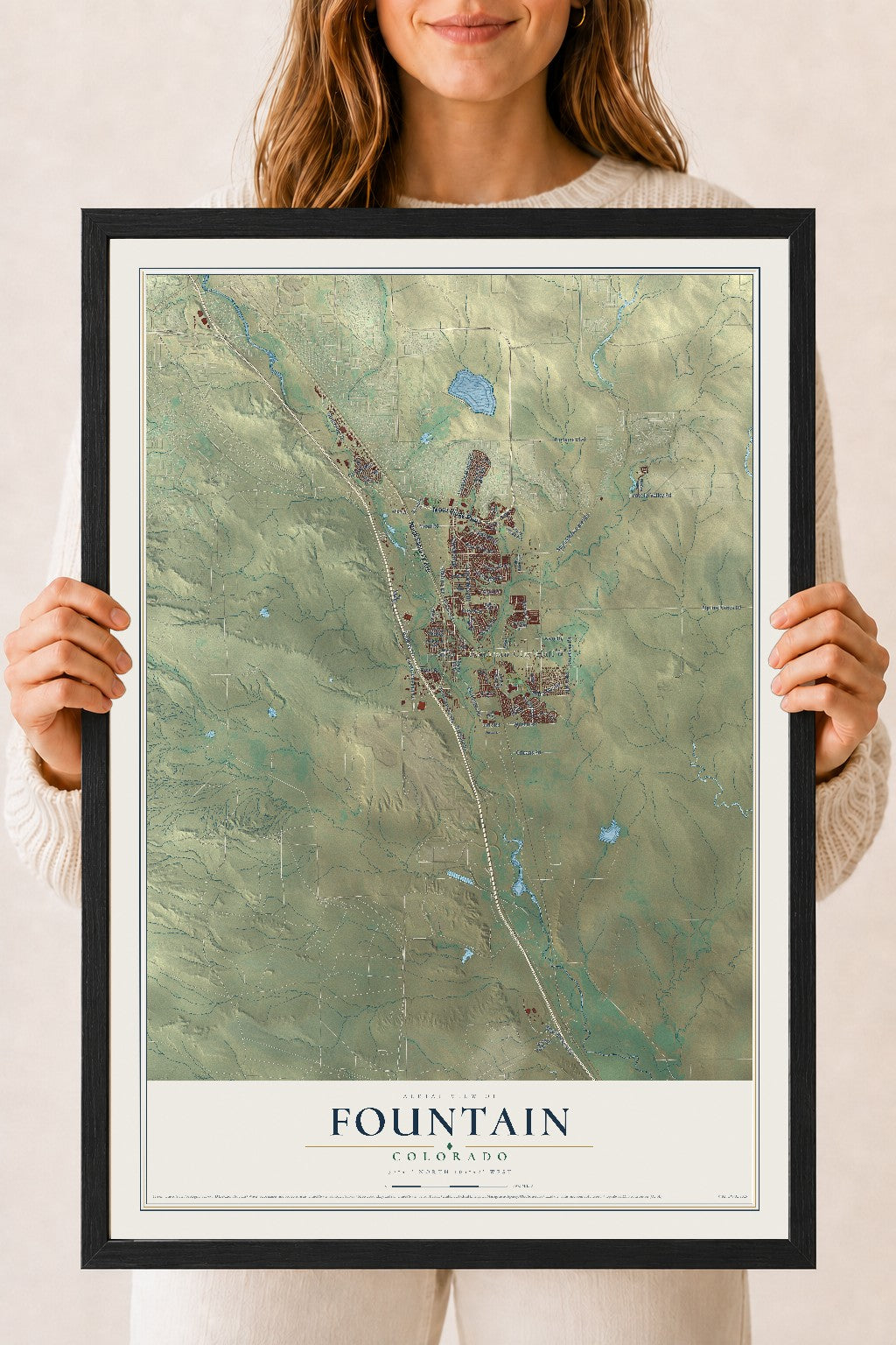 Map of Fountain, Colorado, 18 x 24 inch print in a black wood frame