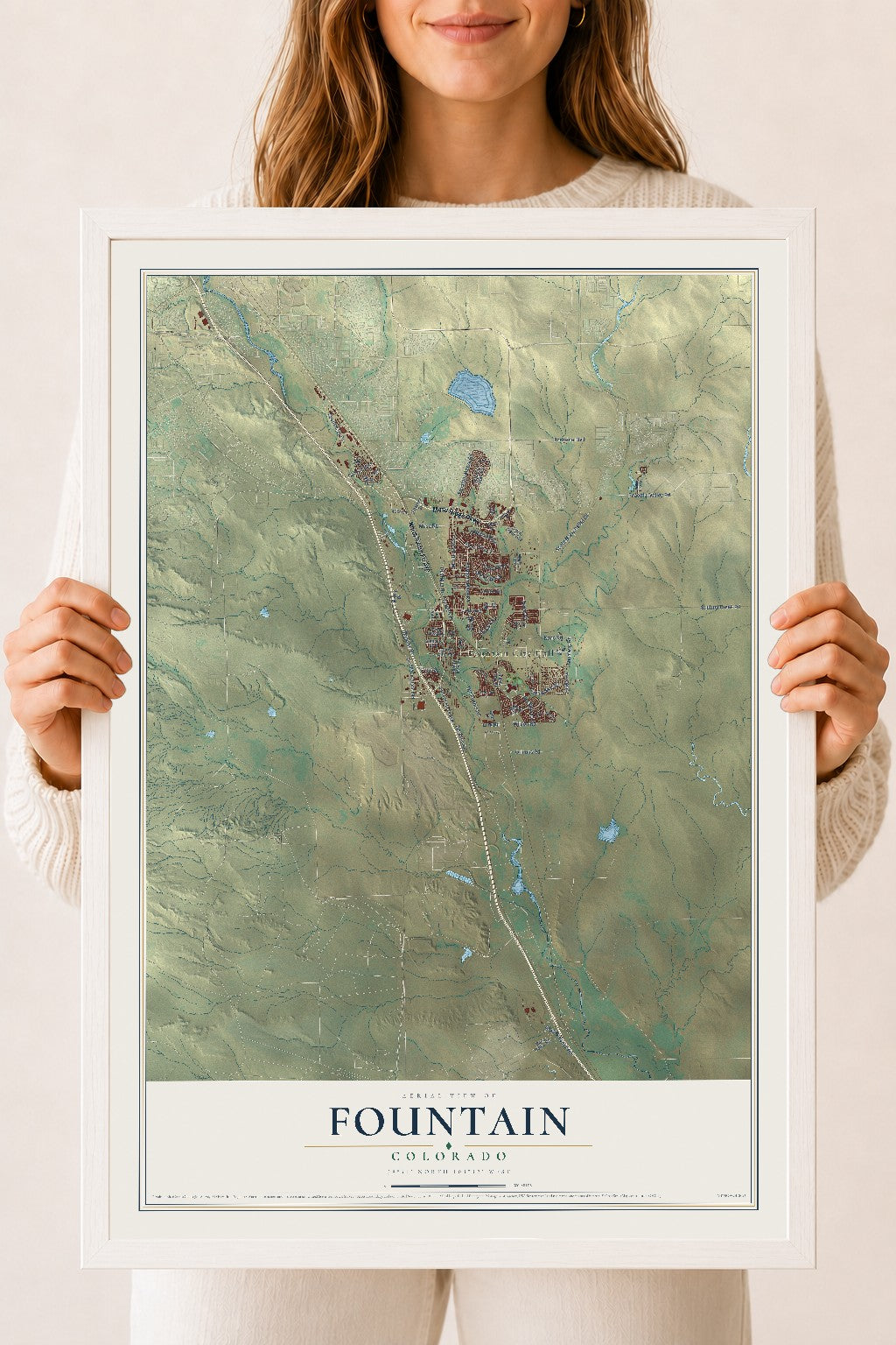 Map of Fountain, Colorado, 18 x 24 inch print in a white wood frame