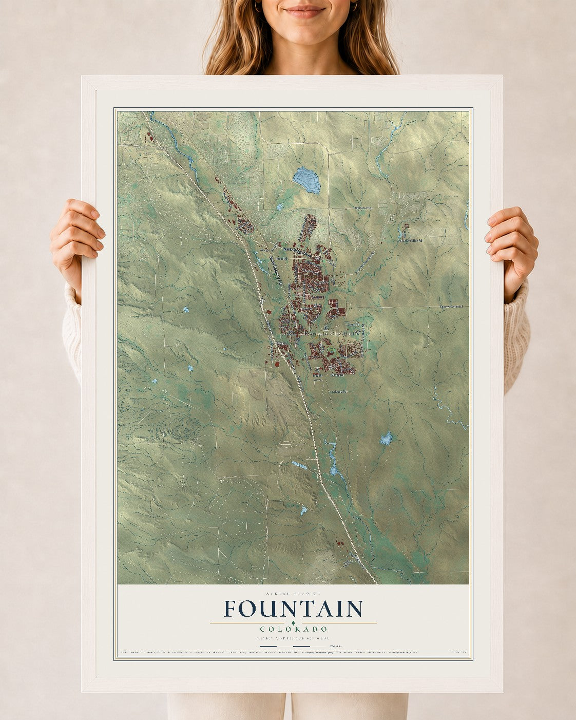 Map of Fountain, Colorado, 24 x 36 inch print in a white wood frame