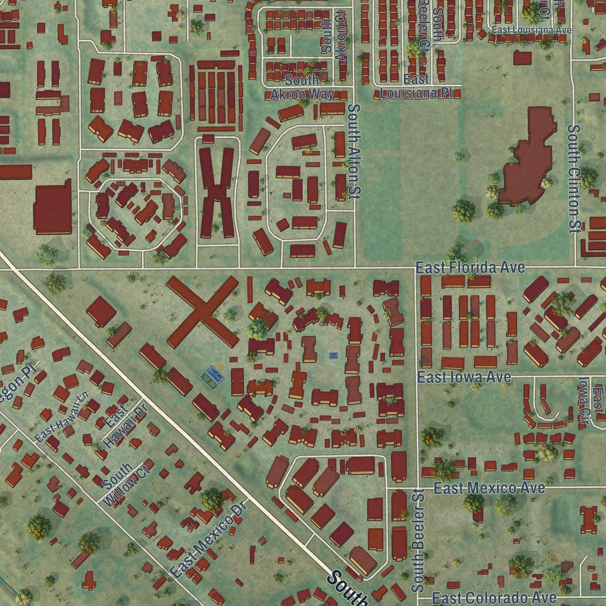 Close-up of the map of Four Square Mile, Colorado print showing street and building detail
