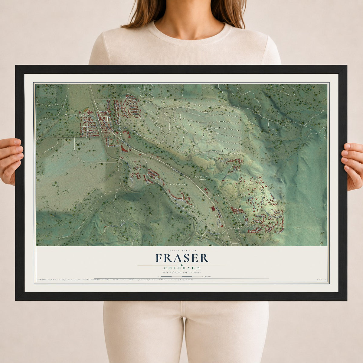 Map of Fraser, Colorado, 18 x 24 inch print in a black wood frame