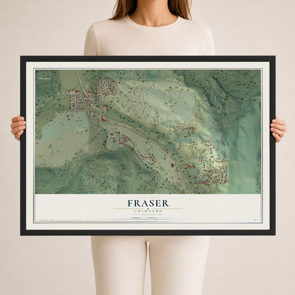Map of Fraser, Colorado, 24 x 36 inch print in a black wood frame