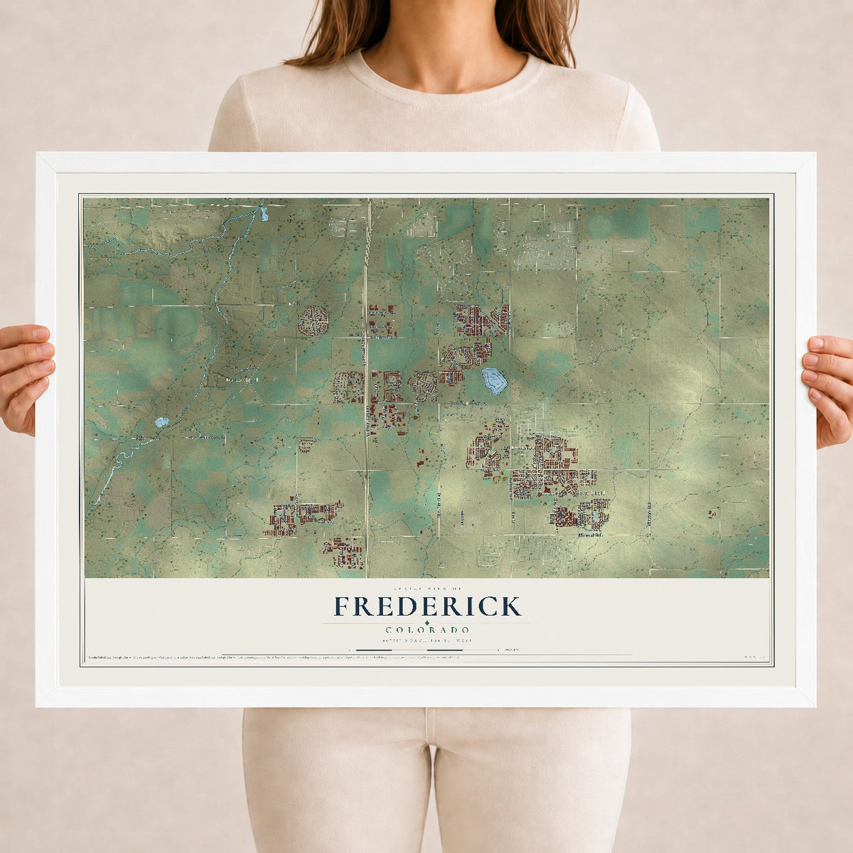 Map of Frederick, Colorado, 18 x 24 inch print in a white wood frame