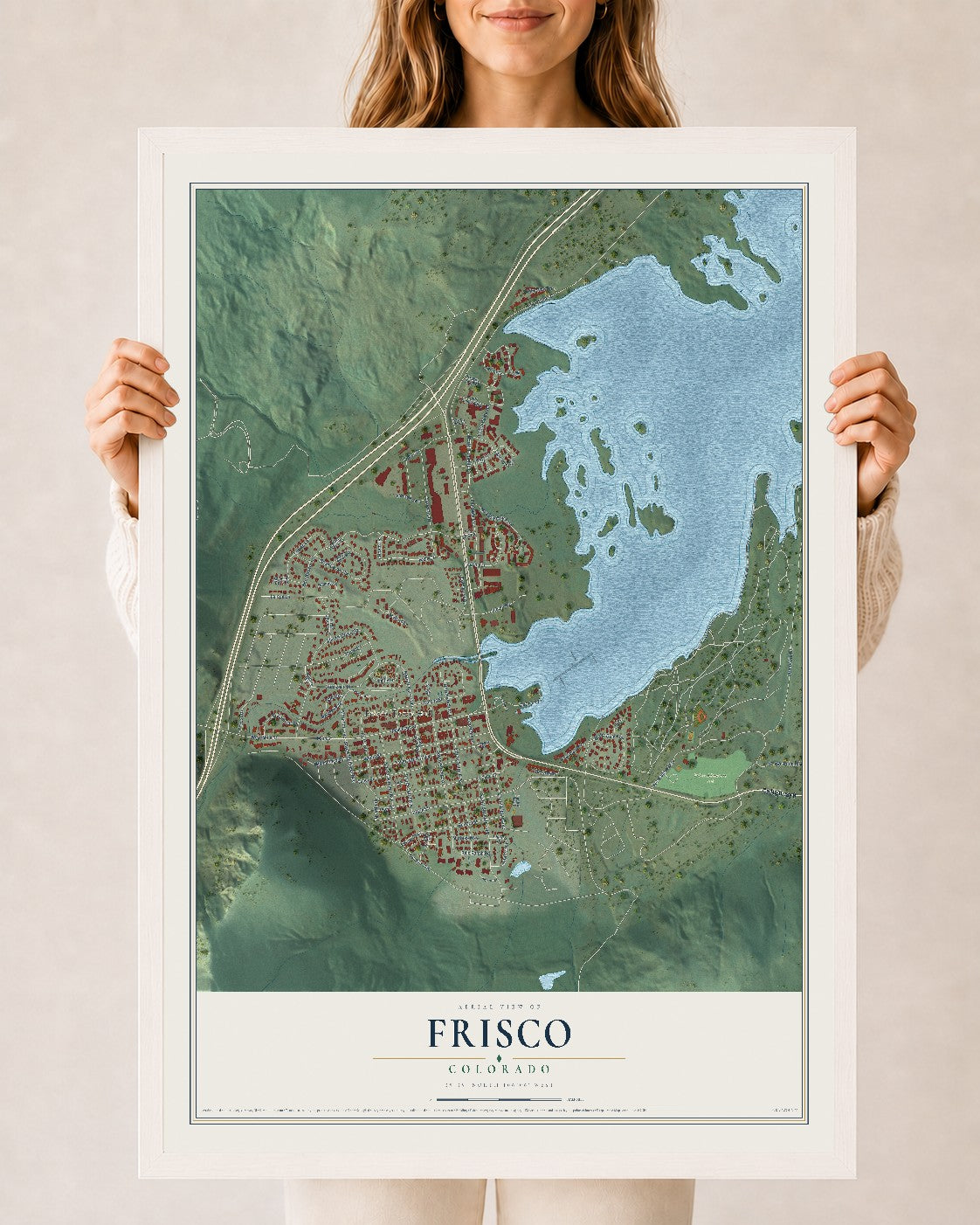 Map of Frisco, Colorado, 24 x 36 inch print in a white wood frame