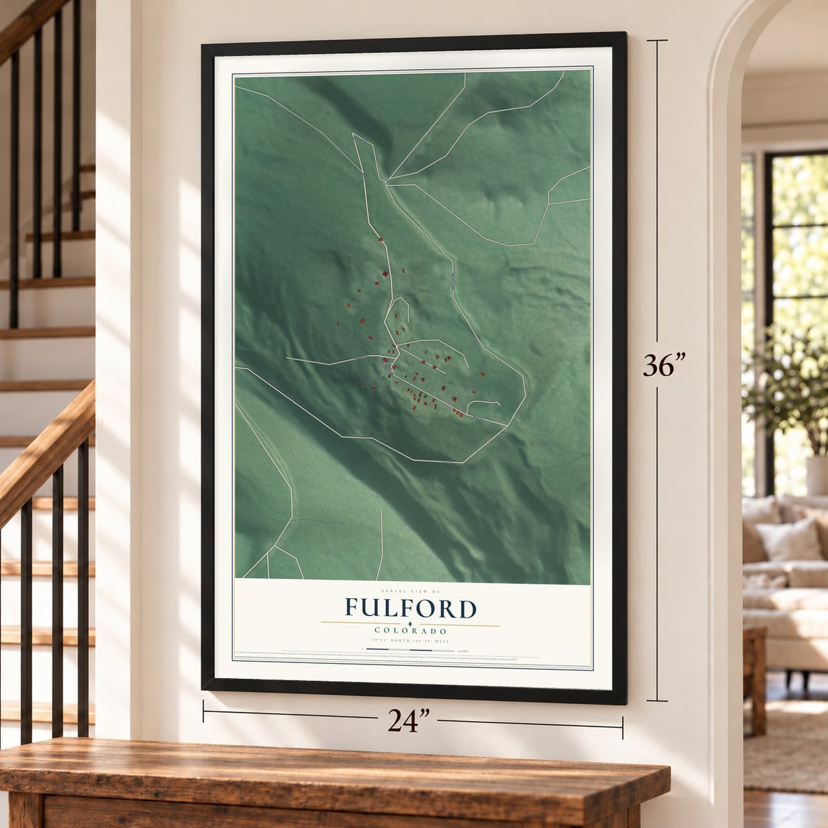 Fulford, Colorado map, 24 x 36 inch print in a black frame by a staircase