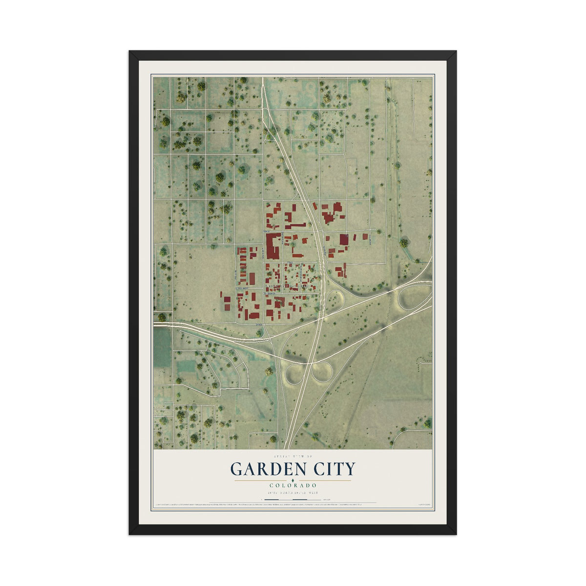 Map of Garden City, Colorado, 12 x 18 inch print in a black wood frame