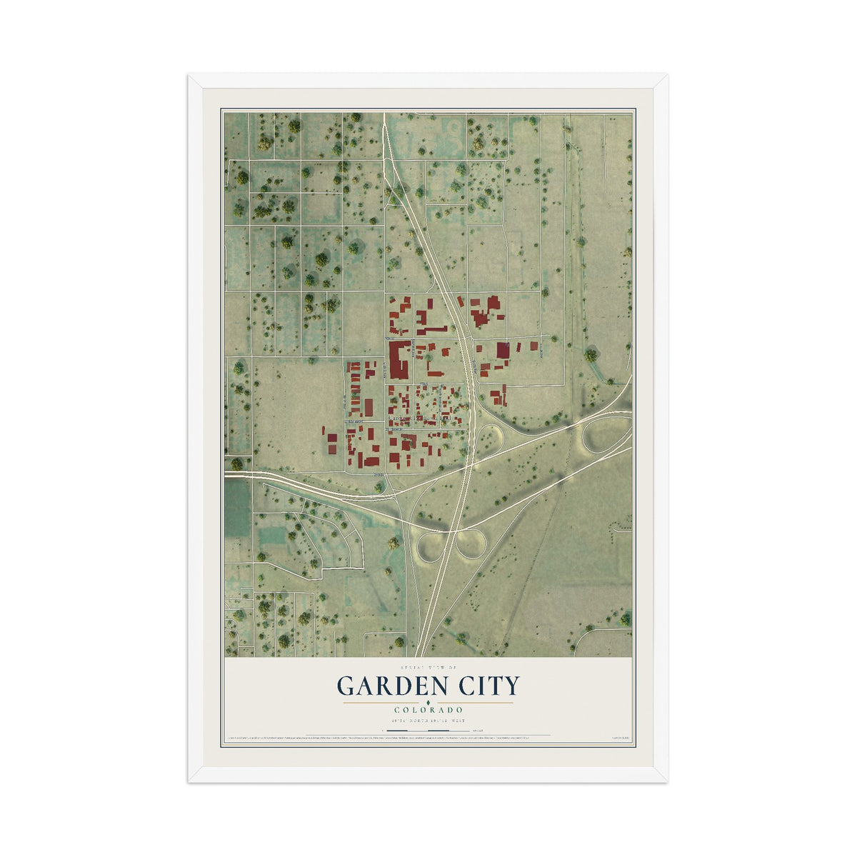 Map of Garden City, Colorado, 12 x 18 inch print in a white wood frame