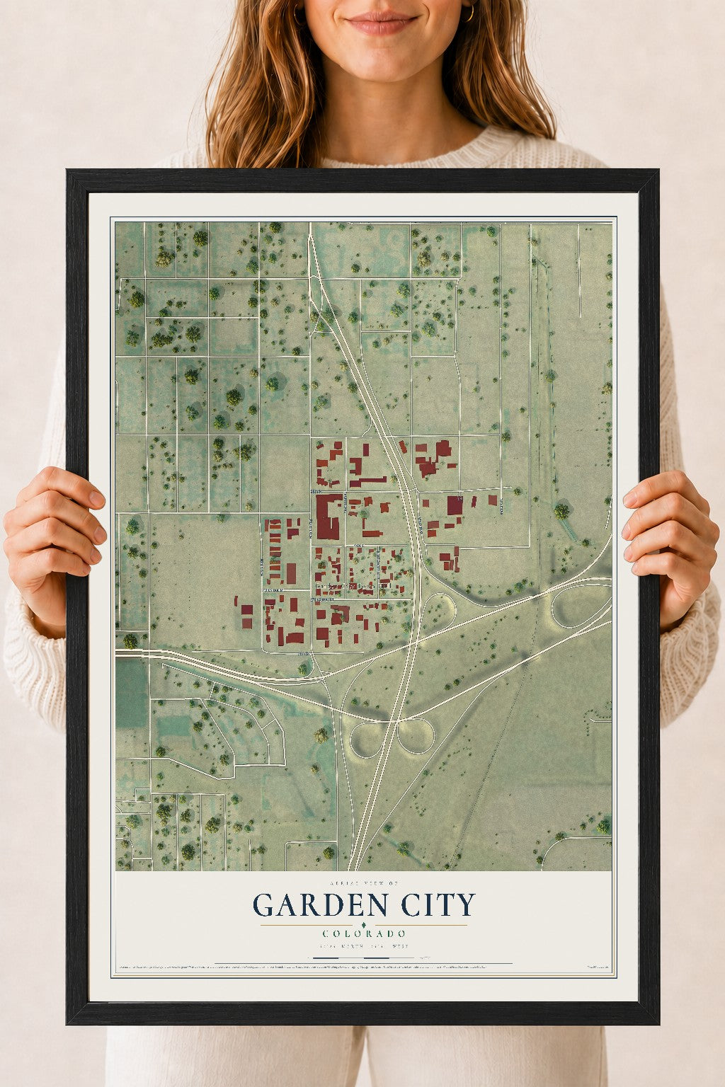 Map of Garden City, Colorado, 18 x 24 inch print in a black wood frame