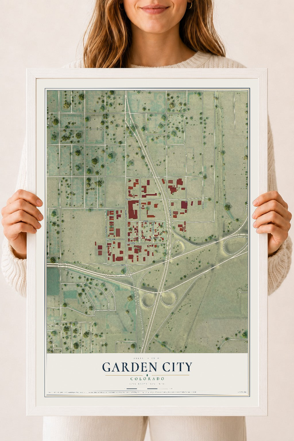 Map of Garden City, Colorado, 18 x 24 inch print in a white wood frame