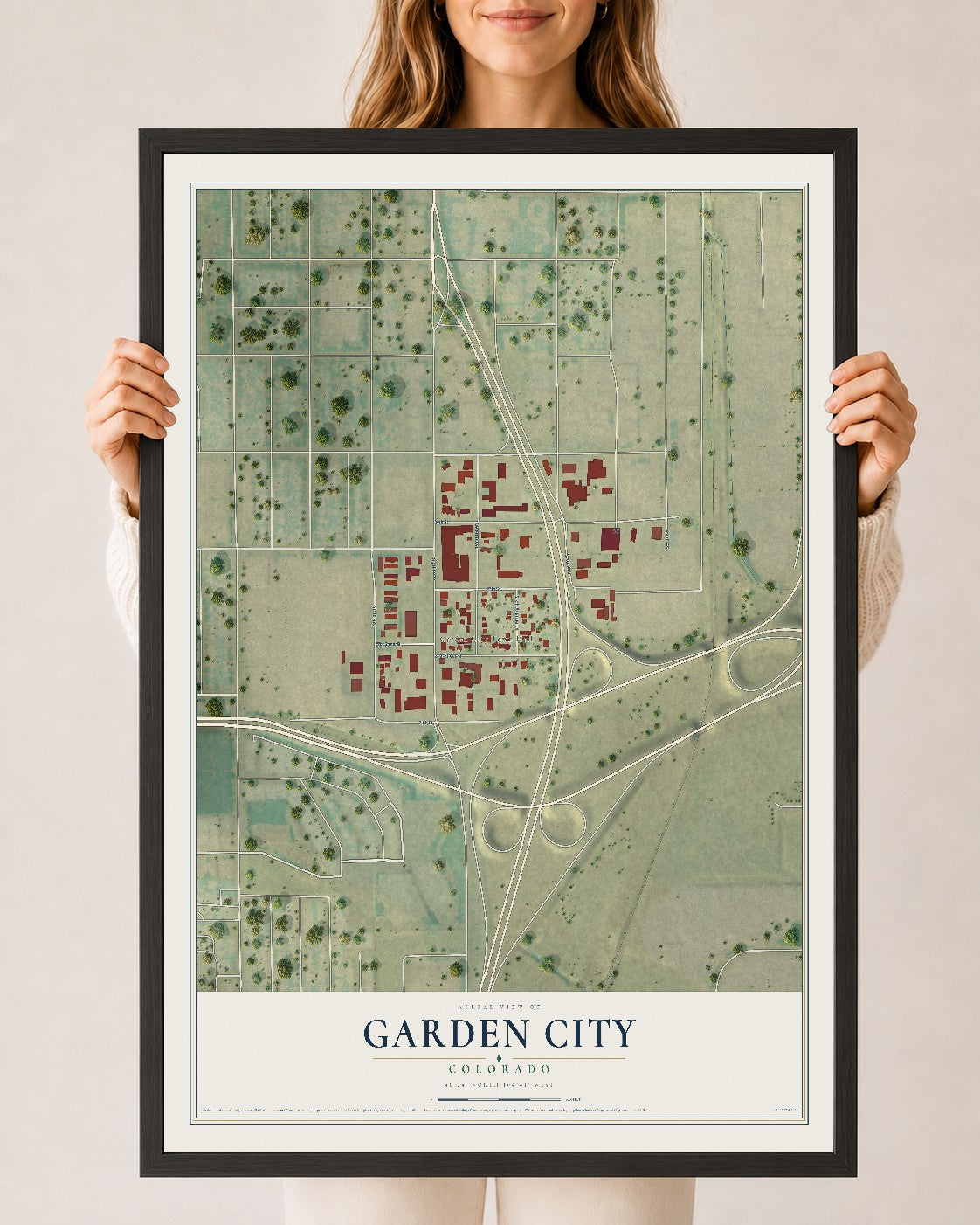 Map of Garden City, Colorado, 24 x 36 inch print in a black wood frame