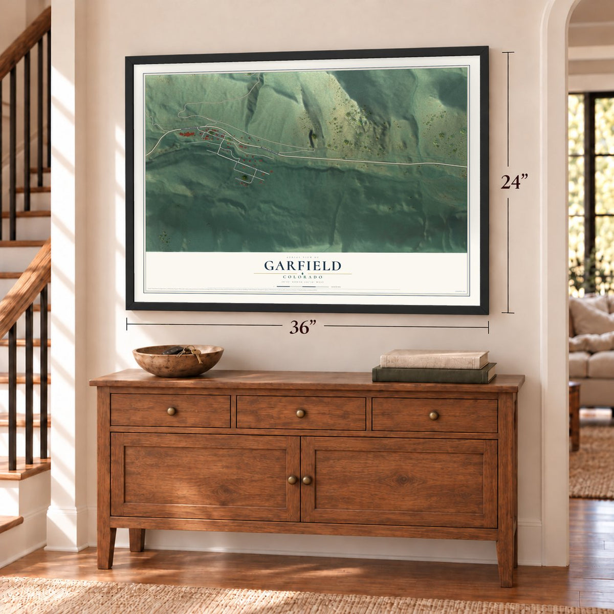 Garfield, Colorado map, 24 x 36 inch print in a black frame above a dresser by a staircase