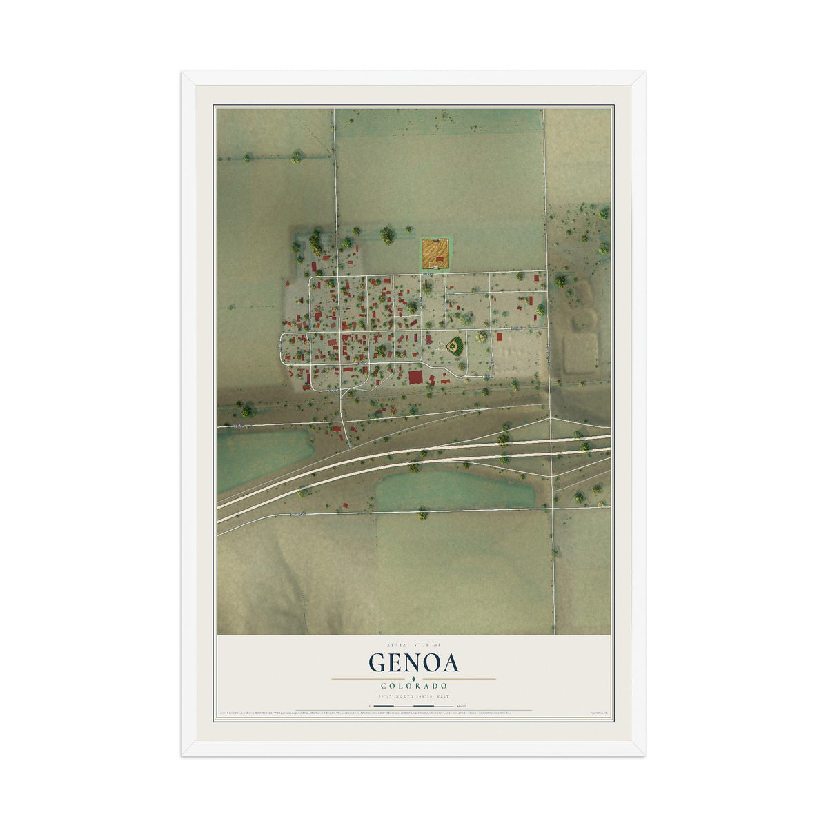 Map of Genoa, Colorado, 12 x 18 inch print in a white wood frame