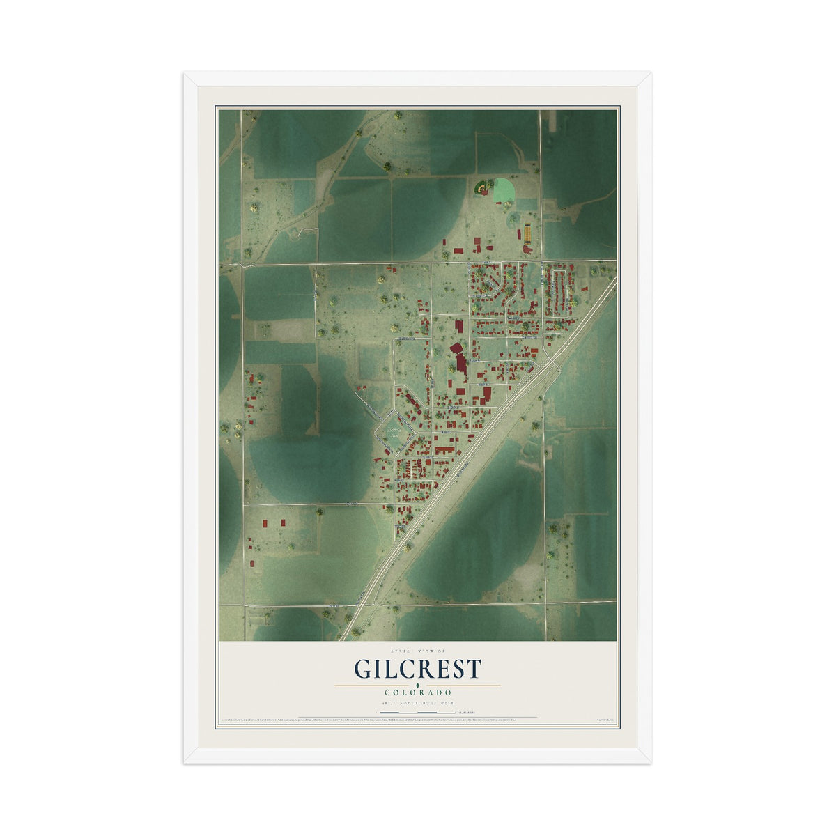 Map of Gilcrest, Colorado, 12 x 18 inch print in a white wood frame