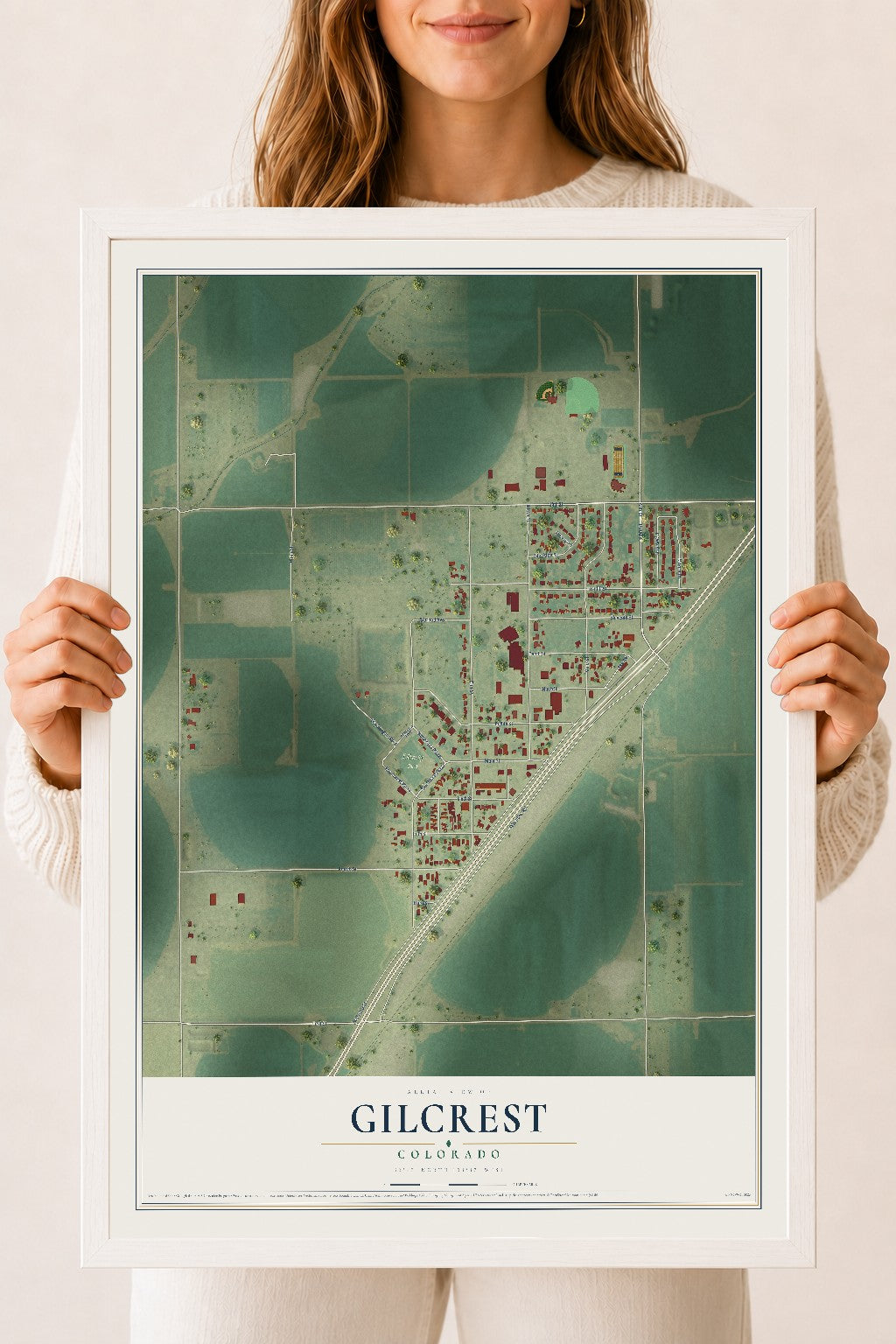 Map of Gilcrest, Colorado, 18 x 24 inch print in a white wood frame