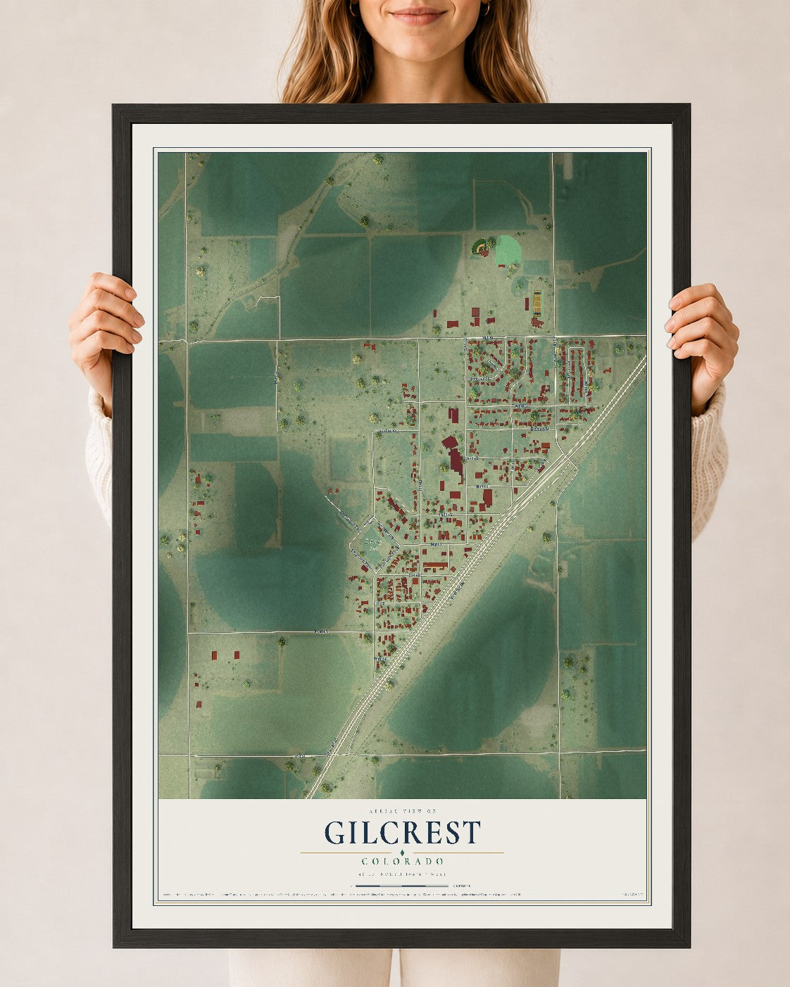 Map of Gilcrest, Colorado, 24 x 36 inch print in a black wood frame