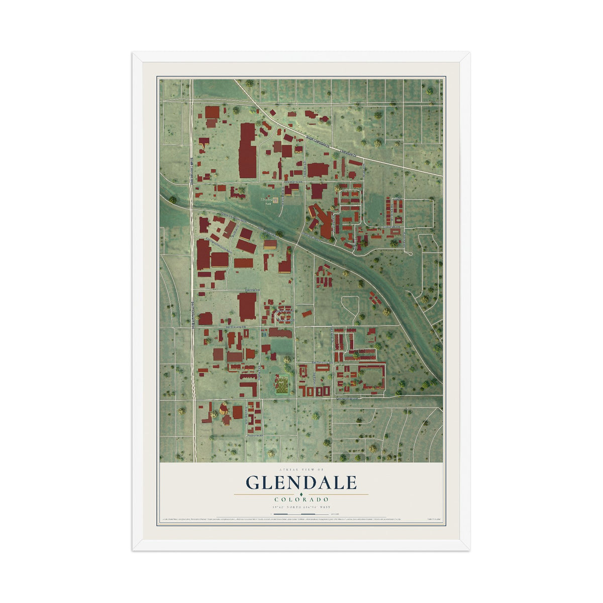 Map of Glendale, Colorado, 12 x 18 inch print in a white wood frame