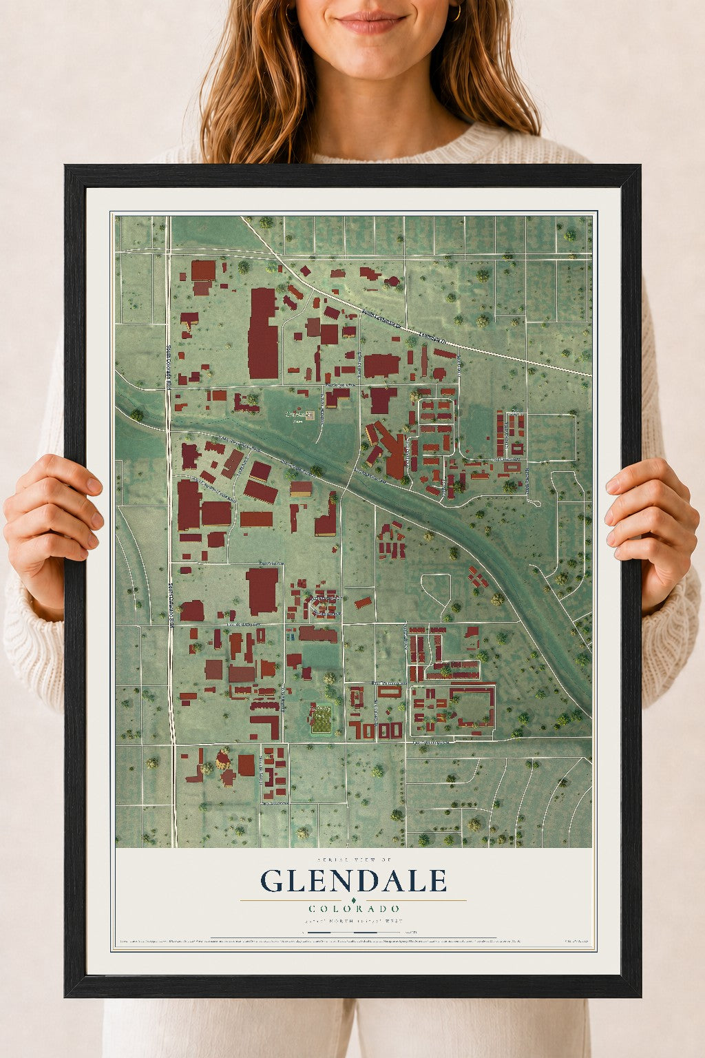Map of Glendale, Colorado, 18 x 24 inch print in a black wood frame