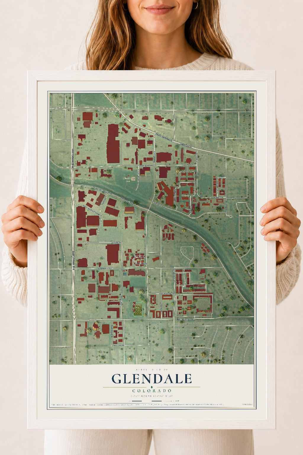 Map of Glendale, Colorado, 18 x 24 inch print in a white wood frame
