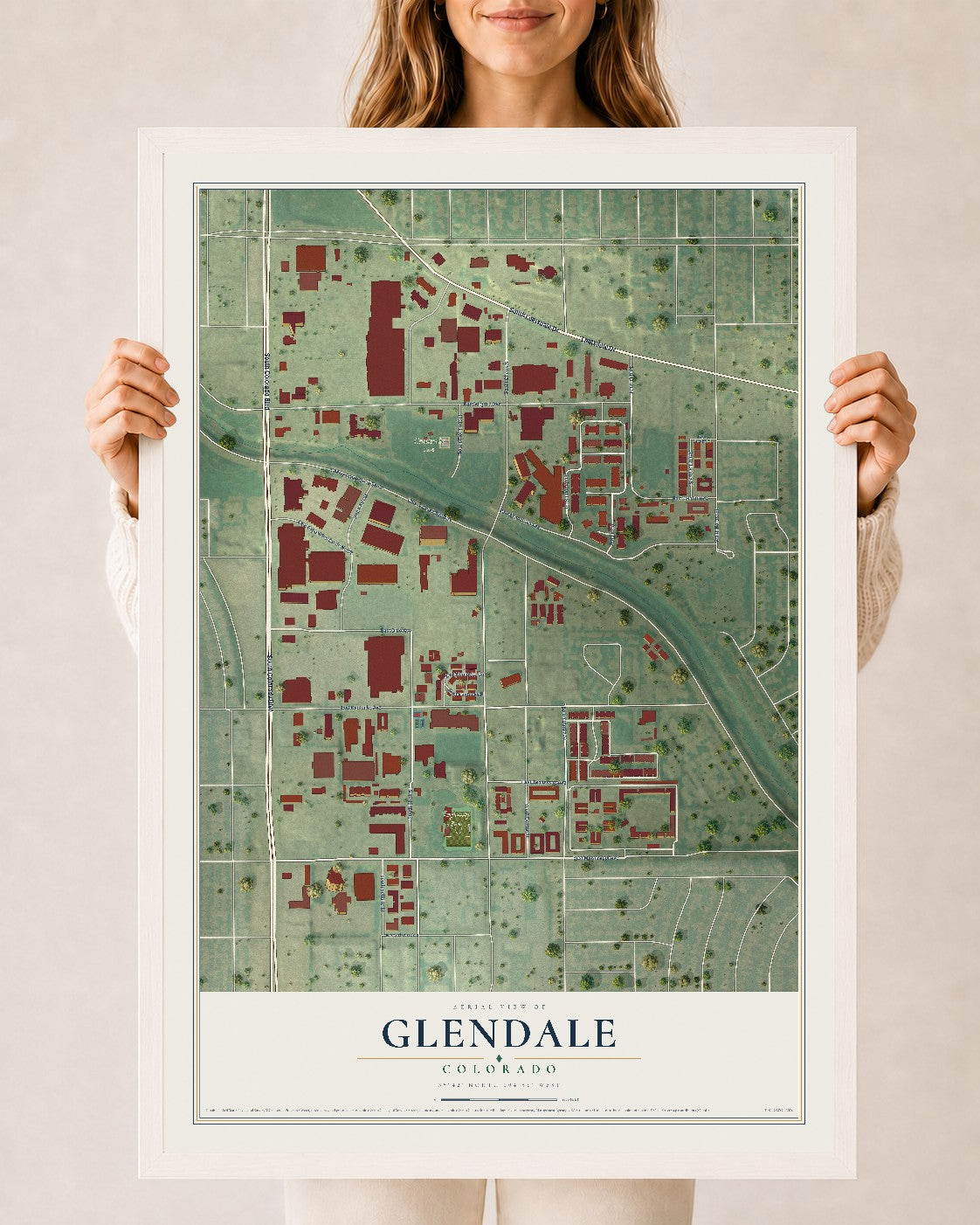Map of Glendale, Colorado, 24 x 36 inch print in a white wood frame