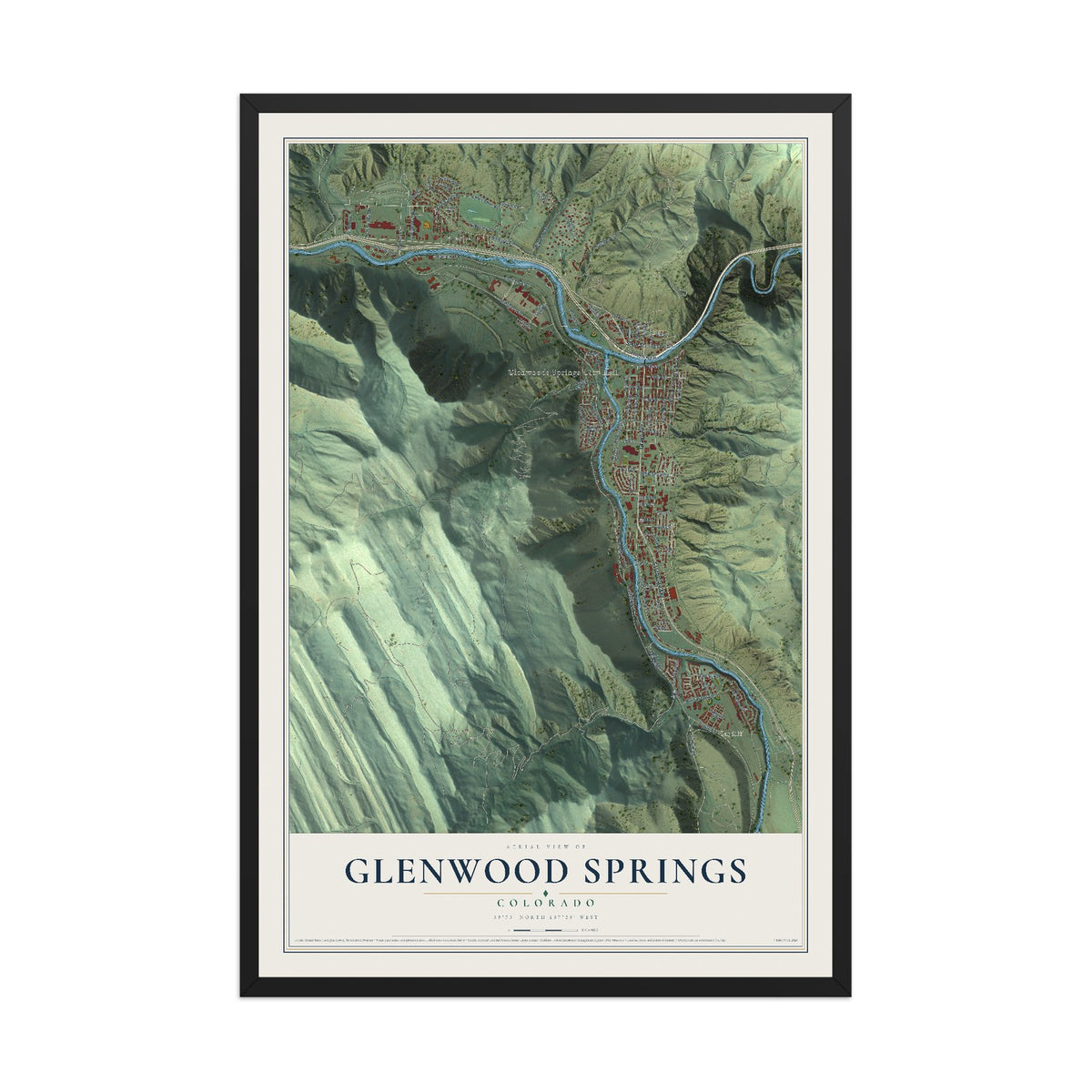 Map of Glenwood Springs, Colorado, 12 x 18 inch print in a black wood frame